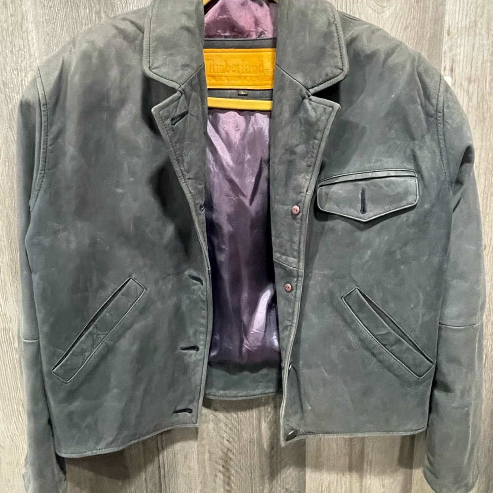Timberland Weathergear Leather Jacket Mens L Gray Cowhide Vintage 90s Blouson